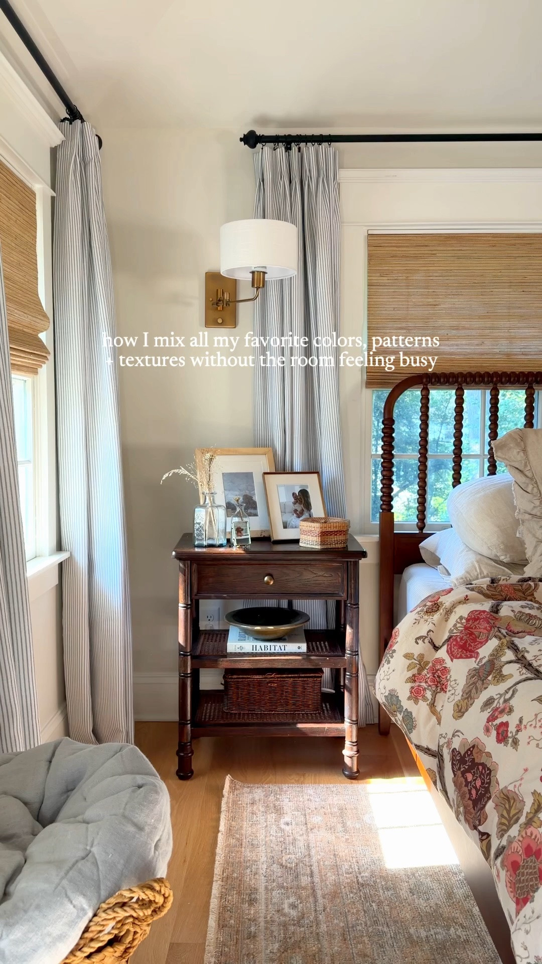 There’s an art to mixing all the things you love without the room feeling like it’s fighting for your attention.

For me, it comes down to contrast and scale. If the pattern on the bed is larger, I’ll bring in something smaller in the rug. I’ll mix materials at the windows rather than repeating the same treatment. Warm woods get paired with metal, soft upholstery with harder surfaces, straight lines with curves.

Nothing has to match, but everything should have a relationship to something else in the room.

Different patterns, materials, shapes, tones + finishes that are thoughtfully layered so your eye keeps moving, but the whole space still tells one story.

Comment SHOP and I’ll send you links to the entire space.