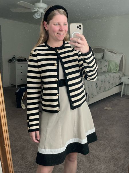 Chic work outfit. Striped lady sweater cardigan 