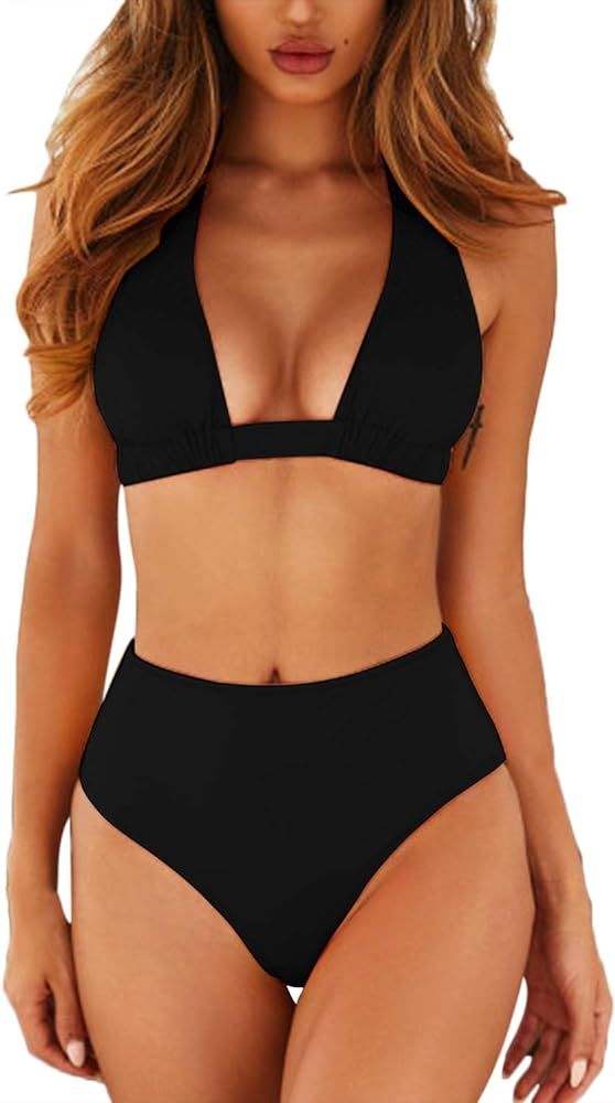 Women's Sexy High Waist Swimsuit 2 Piece Printed Halter Bikini Bathing Suits | Amazon (US)