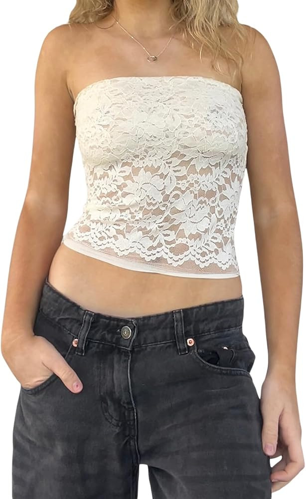 Women Y2K Lace Strapless Tube Top See Through Bandeau Tops | Amazon (US)