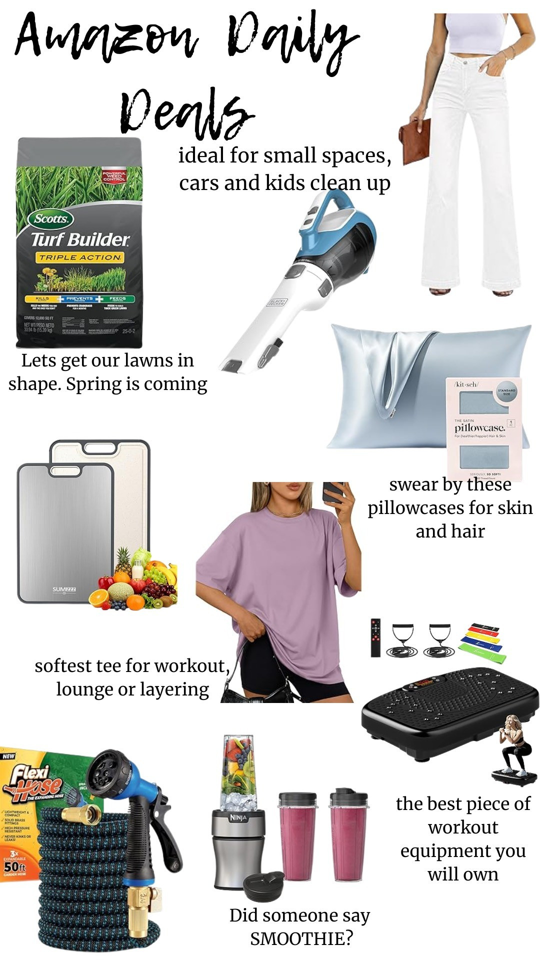 Amazon Daily DealsWhite jeans, mini vac, car accessories,  chopping boards, cutting boards, silk pillowcases, beauty finds, tshirts, layering pieces, turf builder, garden hose, Outdoors, yard finds, kitchen finds, deals, sales, deals alerts, affordable fashion, trending

#LTKBeauty #LTKSaleAlert #LTKHome