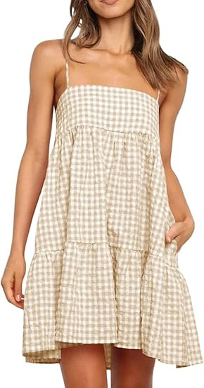 Wenrine Womens Summer Plaid Mini Dress Casual Spaghetti Strap Sleeveless A Line Beach Sundress wi... | Amazon (US)
