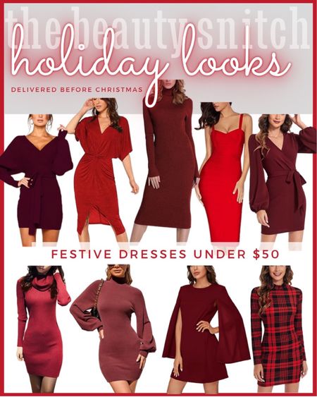 Holiday dresses under $50 with delivery available before Christmas. These red dresses are almost all available in other colors like green, white and black. I wear XS or S in most styles. Pair your sweater dresses with comfy boots or dress them up with sparkly heels  

Follow my shop @thebeautysnitch on the @shop.LTK app to shop this post and get my exclusive app-only content!

#liketkit 
@shop.ltk
https://liketk.it/3uk78 

#LTKGiftGuide #LTKHoliday #LTKunder50 #LTKHoliday #LTKGiftGuide #LTKSeasonal