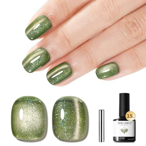 modelones Cat Eye Gel Nail Polish Glitter Green Polish with Magnet Sparkle Galaxy Series Nail Polish Soak Off Led Reflective Nail Art Gel Top Coat Manicure Salon DIY 15 ML | Amazon (US)
