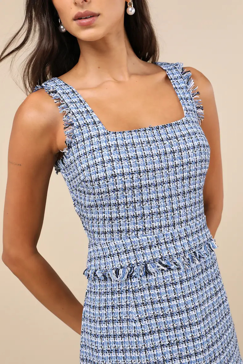 Adorably Luxurious Blue Tweed Raw Edge Sleeveless Mini Dress | Lulus