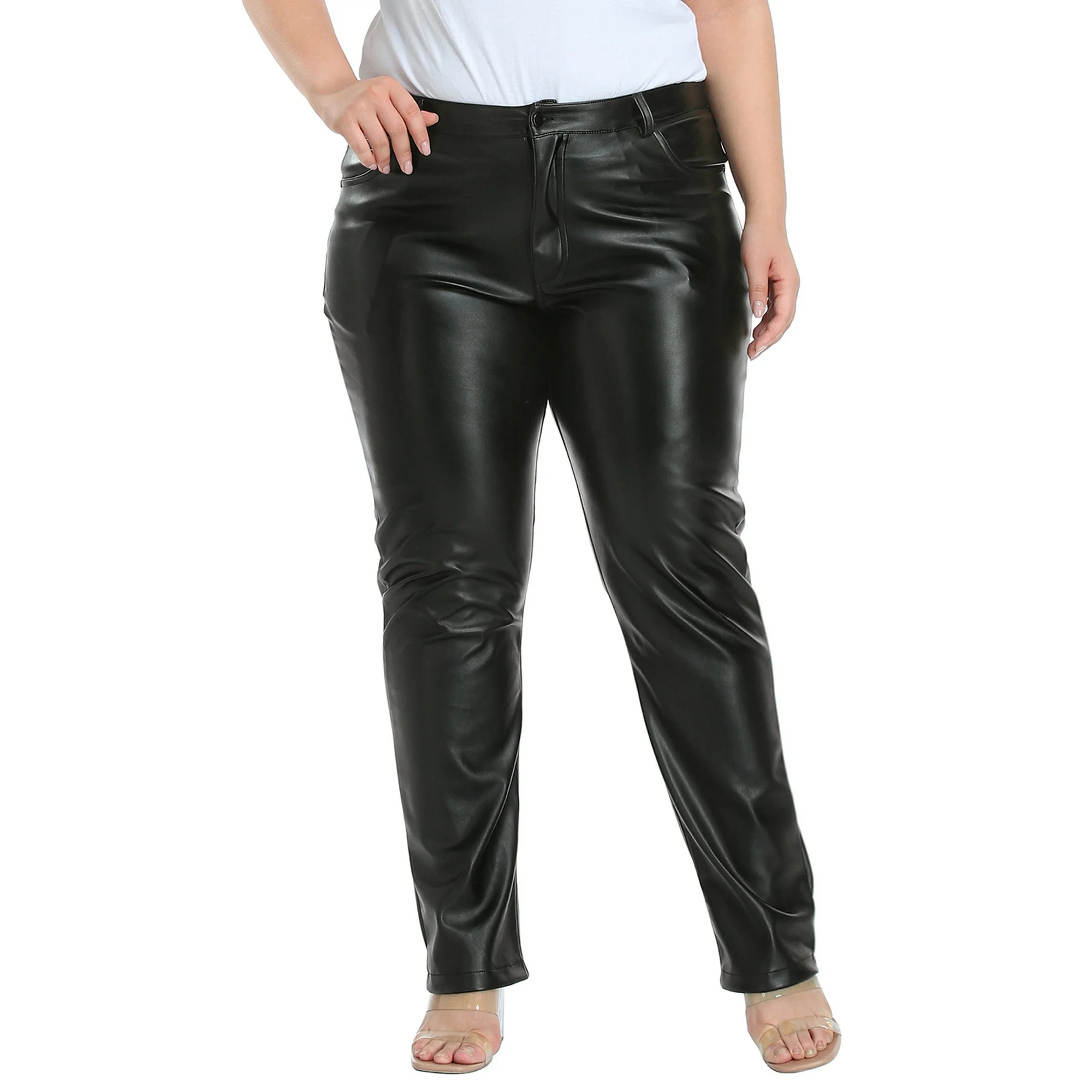 HDE Women's Plus Size High Waisted Faux Leather Pants with Pockets Black 1X | Walmart (US)