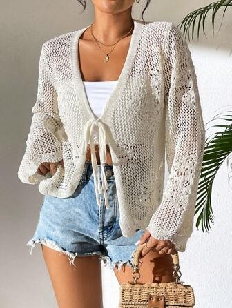 SHEIN VCAY Women's Summer Beach Casual Long Sleeve Hollow Out Tie-Front Crochet Cardigan | SHEIN