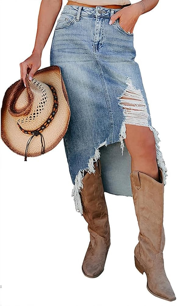 Women's Preppy Ripped Slit Denim Skirt Frayed Raw Hem Asymmetrical Trendy Midi Western Jean Skirt... | Amazon (US)