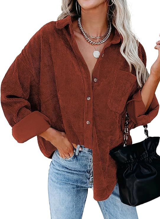 Dokotoo Womens Corduroy Button Down Shirts Boyfriend Long Sleeve Oversized Blouses Tops | Amazon (US)