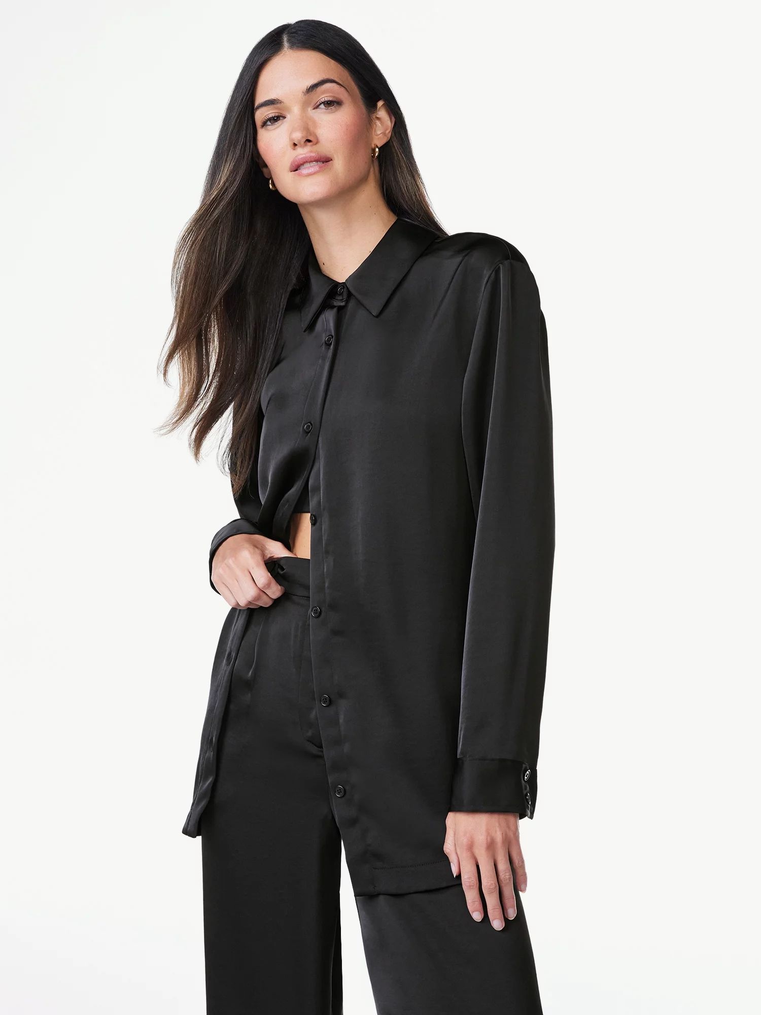 Scoop Women’s Long Sleeve Oversized Satin Button Down Shirt, Sizes XS-XXL - Walmart.com | Walmart (US)