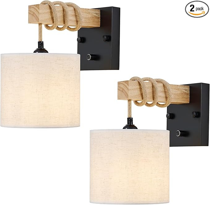 Boho Wall Sconces Set of Two, Hardwired Farmhouse Fabric Wall Lamps with Wooden Arm & On/Off Dimm... | Amazon (US)
