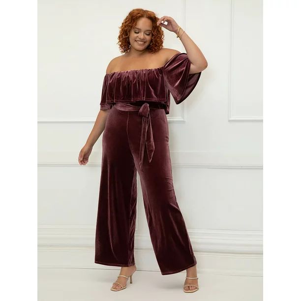 ELOQUII Elements Women's Plus Size Off the Shoulder Velvet Jumpsuit - Walmart.com | Walmart (US)