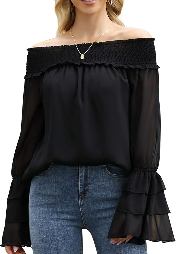 KOJOOIN Women Summer Off Shoulder Tops Long Bell Sleeve Shirts Chiffon Cute Ruffle Casual Loose B... | Amazon (US)