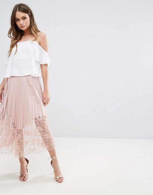Boohoo Pleated Lace Trim Midi Skirt | ASOS US