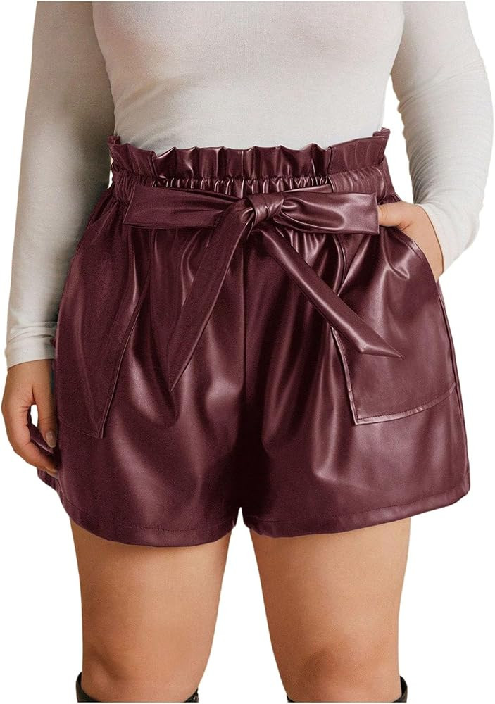 Women's Plus Size PU Leather Shorts Bow Tie Knot Elastic High Waisted Loose Shorts with Pockets | Amazon (US)