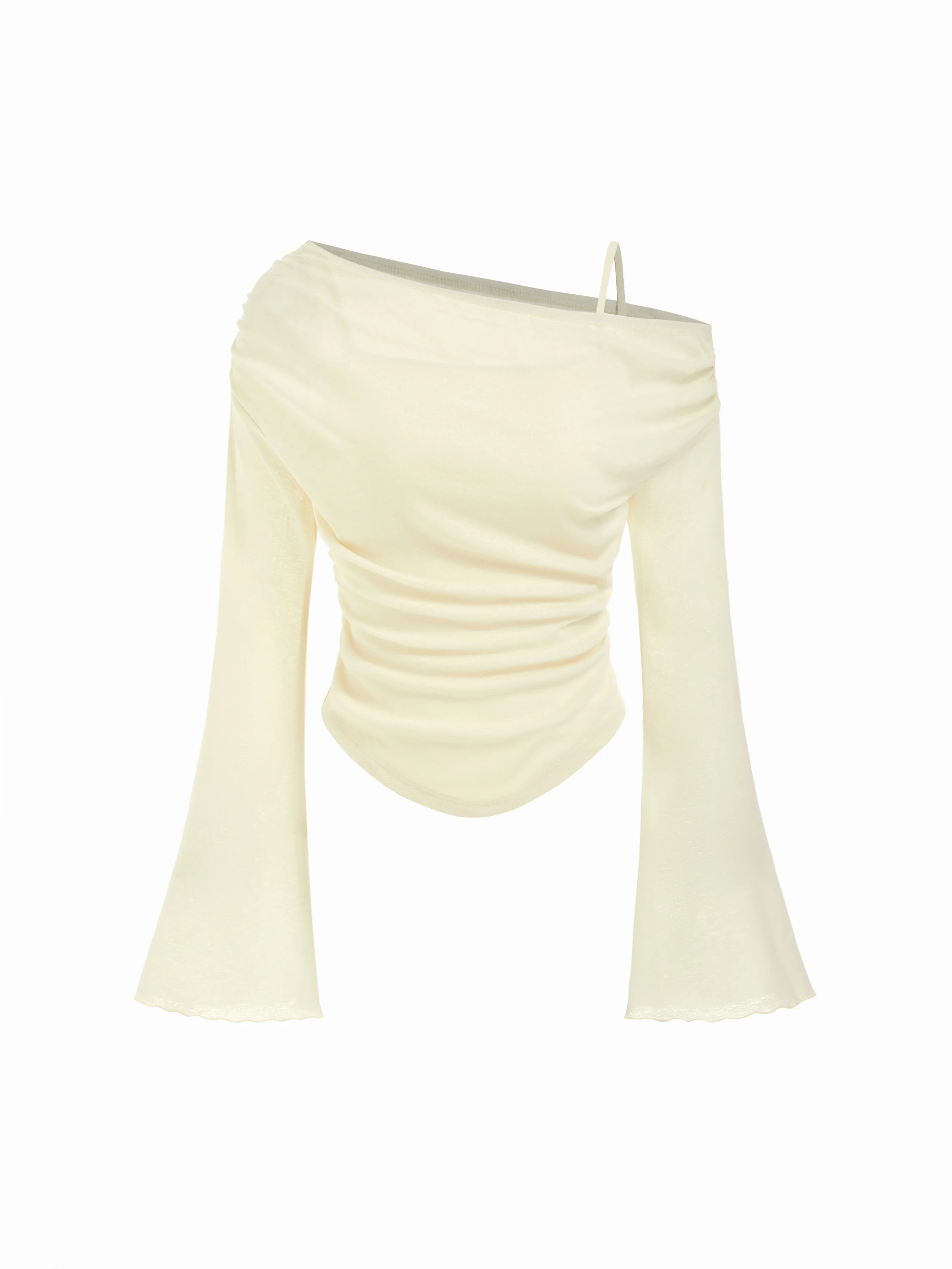 Knit Fabric Asymmetrical Neck Ruched Lettuce Trim Tee For Date | Cider