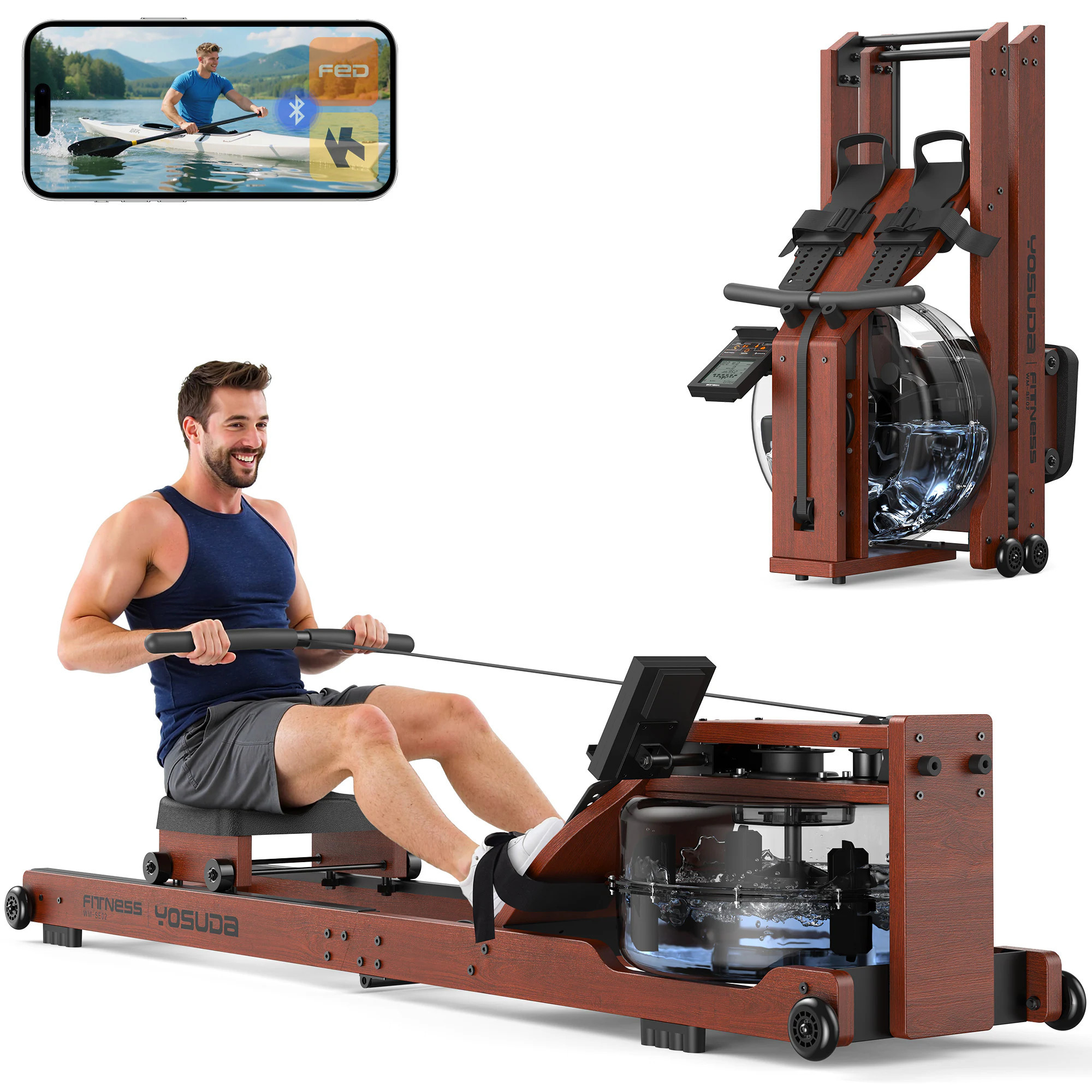 FED Fitness YOSUDA Wooden Water Rowing Machine Beech Wood Foldable 400LBS Water Rower with 4 Blade Paddle Bluetooth APP Smart Monitor for Home Full | Lowe's