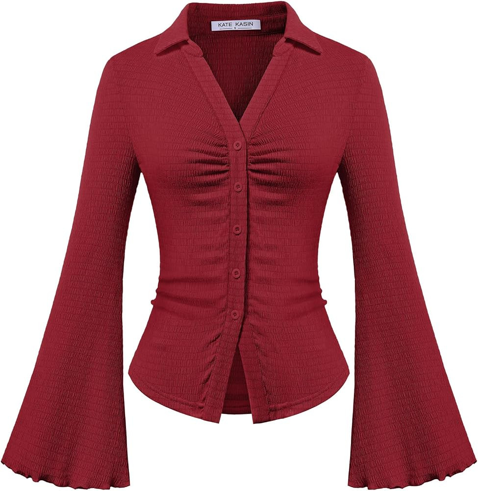 Kate Kasin Womens Button Down Collared Ruched Bell Sleeve Slim Y2K Shirts | Amazon (US)