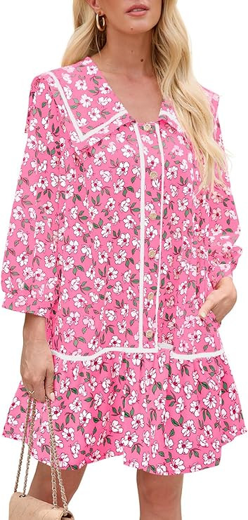 Wenrine Womens Casual Shirt Dresses 3/4 Long Sleeve Floral Button Down Flowy Babydoll Fall Mini D... | Amazon (US)