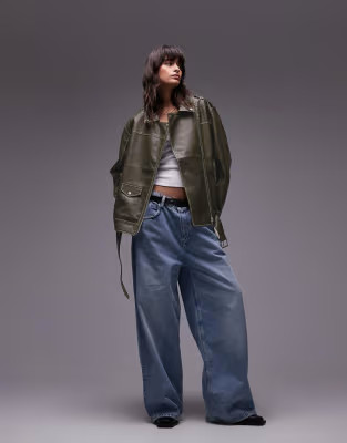 Topshop super oversized faux leather biker jacket in washed green | ASOS | ASOS (Global)
