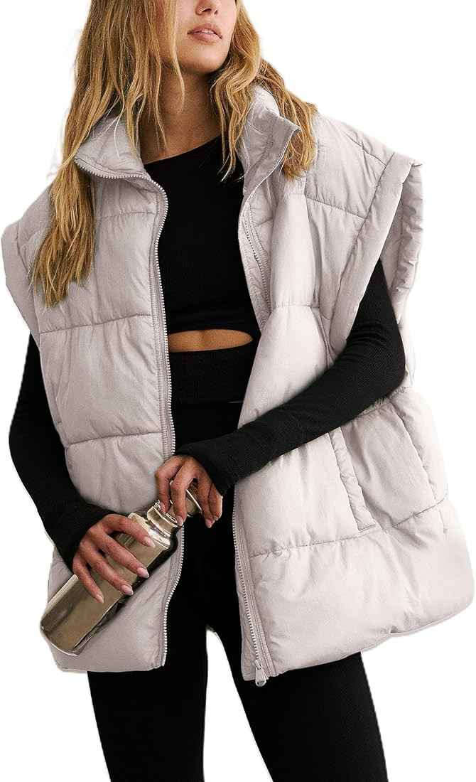 APAFES Women Winter Oversized Puffer Vest Lightweight Stand Collar Flysleeve Insulated Padded Puf... | Amazon (US)