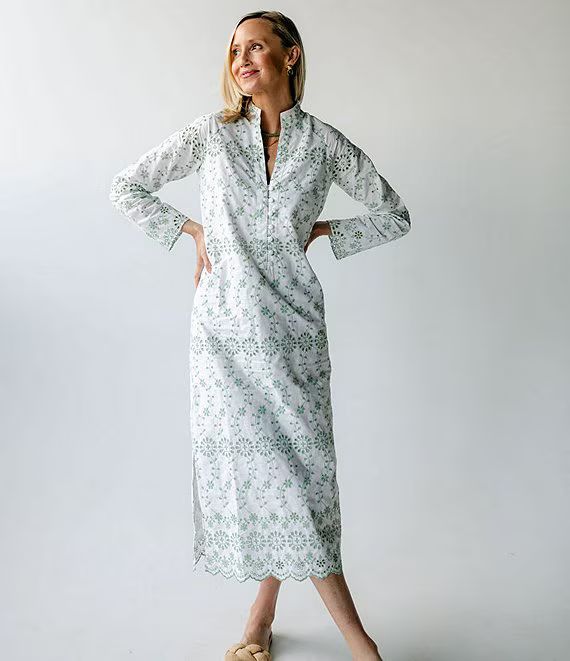 SAIL to SABLE x SARAH & MOLLY Cotton Eyelet Stripe Print Long Sleeve Midi Caftan Dress | Dillard'... | Dillard's