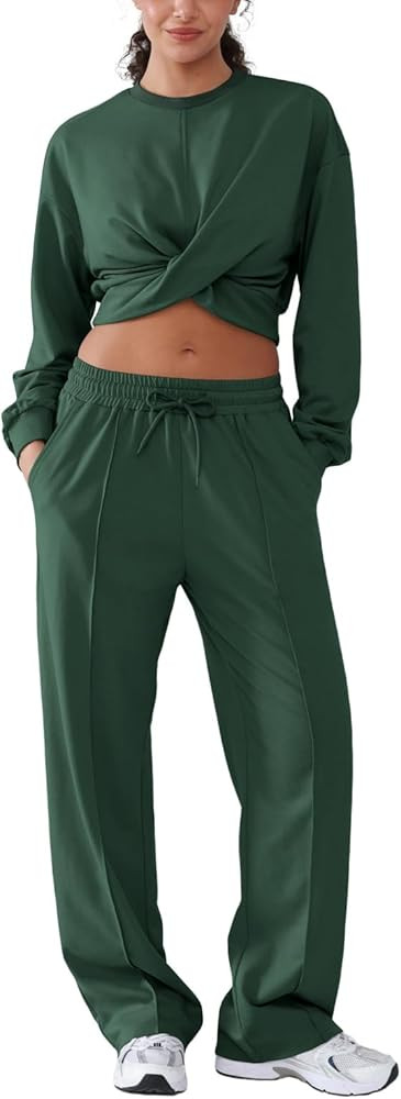 Women 2 Piece Outfits Long Sleeve Twist Front Cropped Sweatsuit High Waist Wide Leg Pants Lounge ... | Amazon (US)