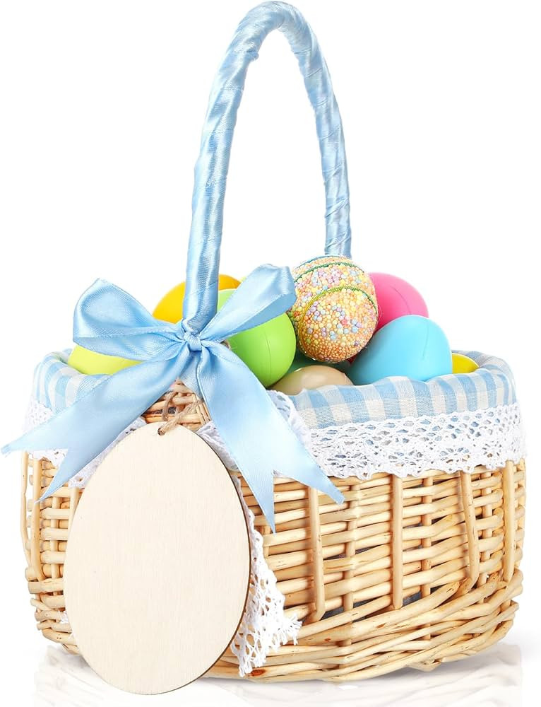 Easter Egg Basket Wicker Picnic Basket Tote Bags with Name Tag Wooden Egg Easter Candy Storage Wi... | Amazon (US)