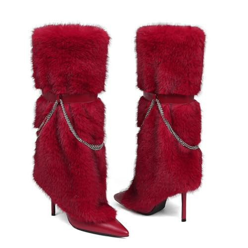 COMFITORIA Women Fur Boots Knee High Fold Over Fuzzy Boot Stiletto High Heel Wide Calf Pointed Toe Shark Boot Party Fashion Fall Winter Dress Boots, Red, Size 8.5 | Amazon (US)