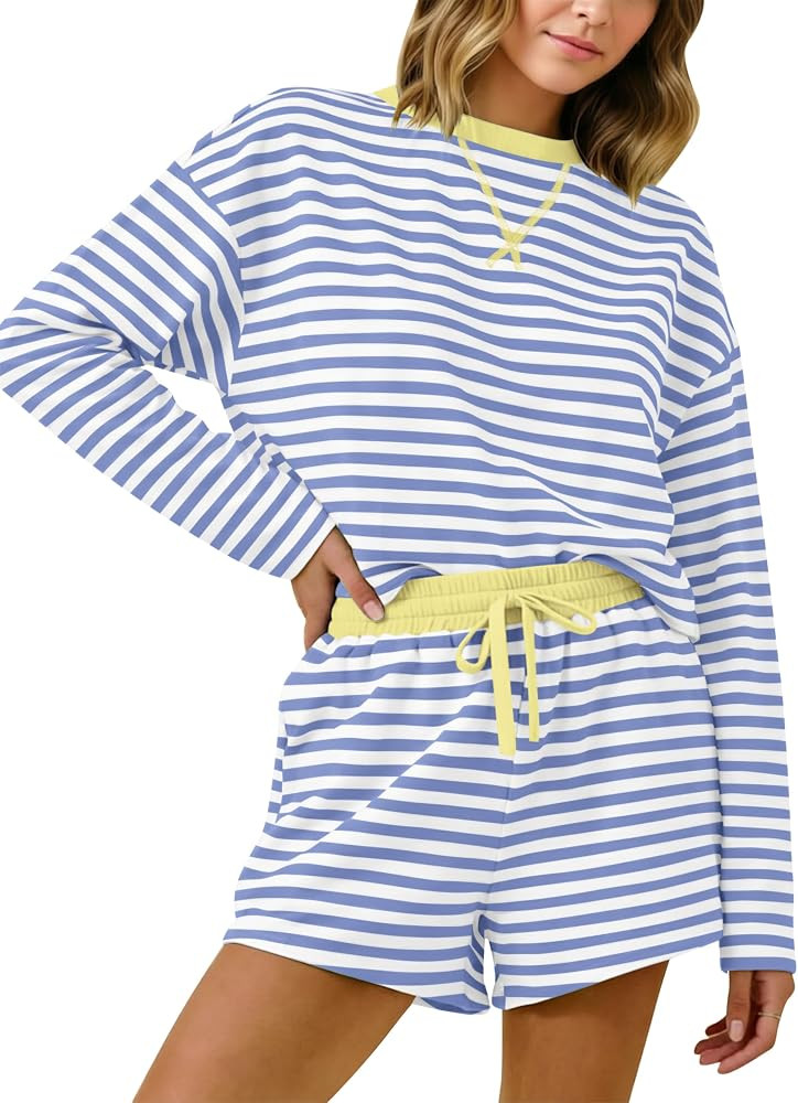 MISSACTIVER Striped Lounge 2 Piece Sets for Women Long Sleeve T Shirts Drawstring Shorts Loose Fi... | Amazon (US)