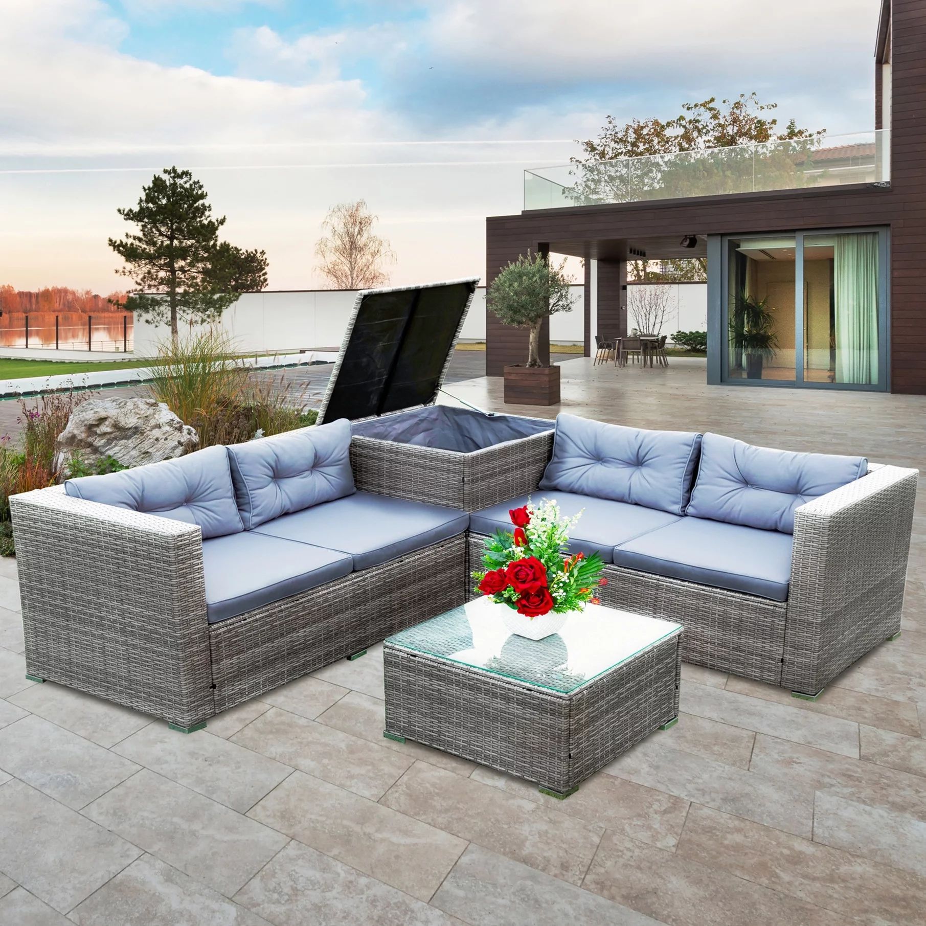 Rattan Wicker Patio Furniture, 4 Piece Outdoor Conversation Set with Storage Ottoman, All-Weather... | Walmart (US)