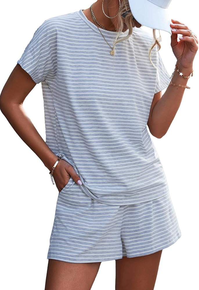 HOTIAN Women's 2 Piece Outfits Classic Drop Shoulder Striped T-shirt and Shorts Casual Set | Amazon (US)