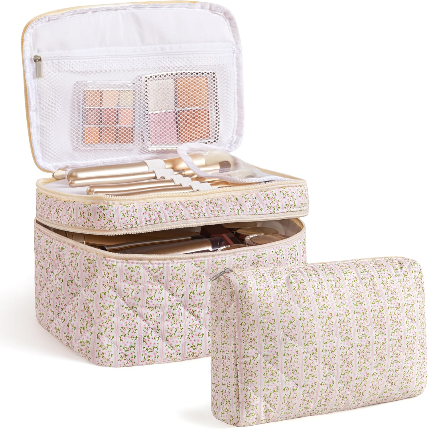 HBselect 2Pcs Travel Makeup Bag, Large Cotton Quilted Makeup Bag Cosmetic Bag Cute Make up Bag To... | Amazon (US)