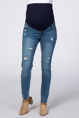 Blue Distressed Raw Hem Maternity Skinny Jeans | PinkBlush Maternity