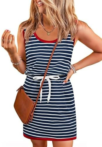Yousify Cotton Dresses for Women 2026 Womens Summer Dresses Casual Sleeveless Dress Navy Blue Str... | Amazon (US)