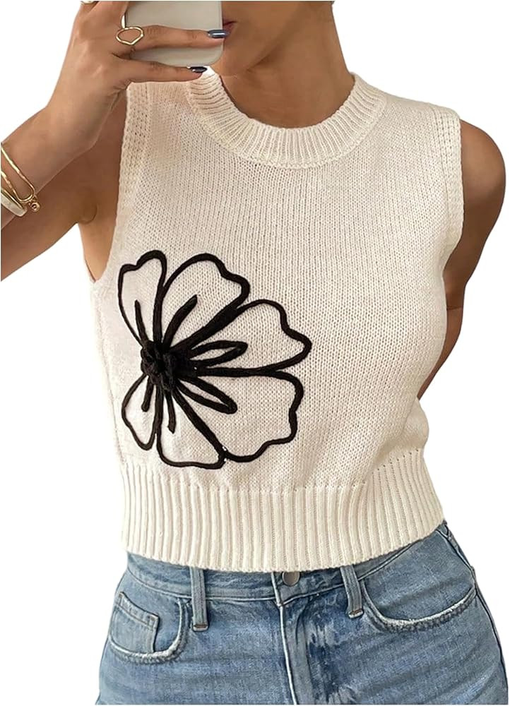 SweatyRocks Women's 3D Floral Sweater Vests Crew Neck Knit Pullover Tank Tops Fall Outfits | Amazon (US)
