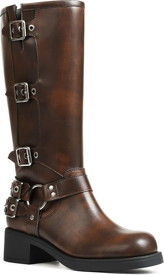 AMINUGAL Knee High Boots Women Square Toe Pull On Wide Calf Riding Fashion Buckles Chunky Metalli... | Amazon (US)
