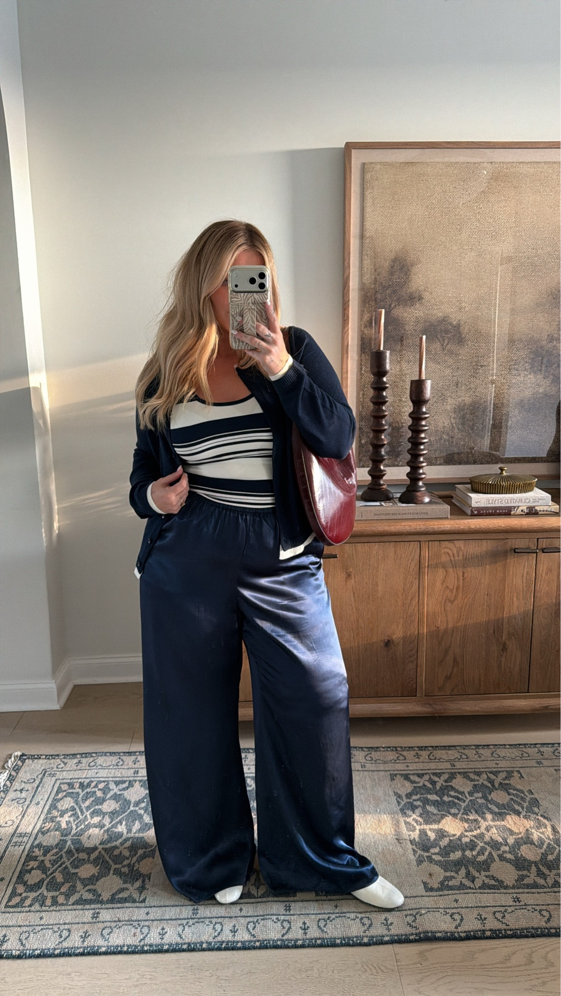 #ad @jcrew #injcrew Navy satin pants having a moment 🤌🏼 comfy but still so put together. Love the little matching cardigan + stripe situation too. 

Tank — medium
Cardigan — large
Pants — xl long but would prefer xxl reg