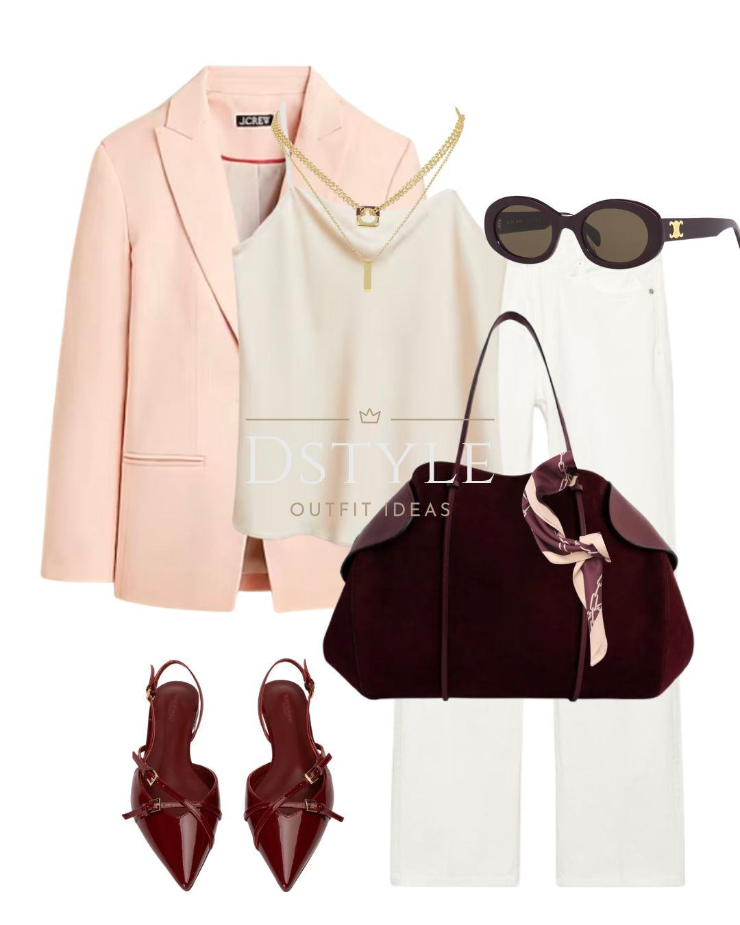 Linen-blend blazer, beige satin top with draped neckline, white baggy jeans, burgundy suede shoulder bag, satin scarf, bordeaux patent pointed-toe shoes, CELINE sunglasses
workwear, spring style 

 

#LTKStyleTip #LTKWorkwear #LTKShoeCrush