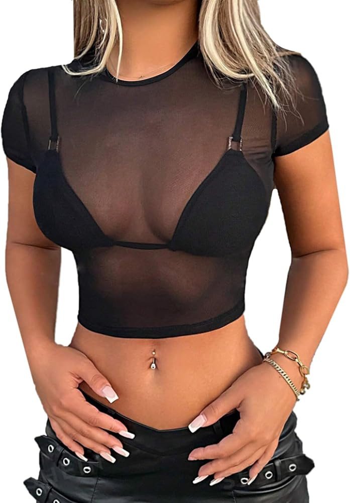 ADOME Mesh Top Mesh Crop Top Plus Sheer Cropped Shirt Black Crop Short Sleeve S-XXL | Amazon (US)