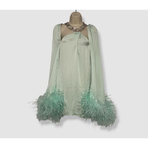 $2240 Nervi Women's Green Crystal-Necklace Feather Trim Tricia Dress Size 36 | Poshmark