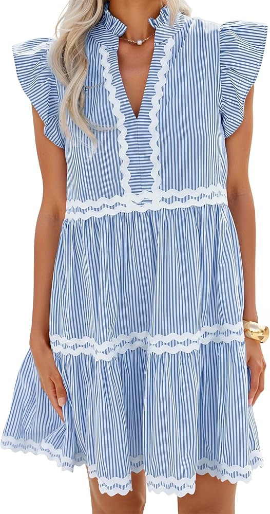 Women's Summer Casual Mini Dress 2026 V Neck Flutter Short Sleeve Striped Ruffle A Line Beach Vac... | Amazon (US)