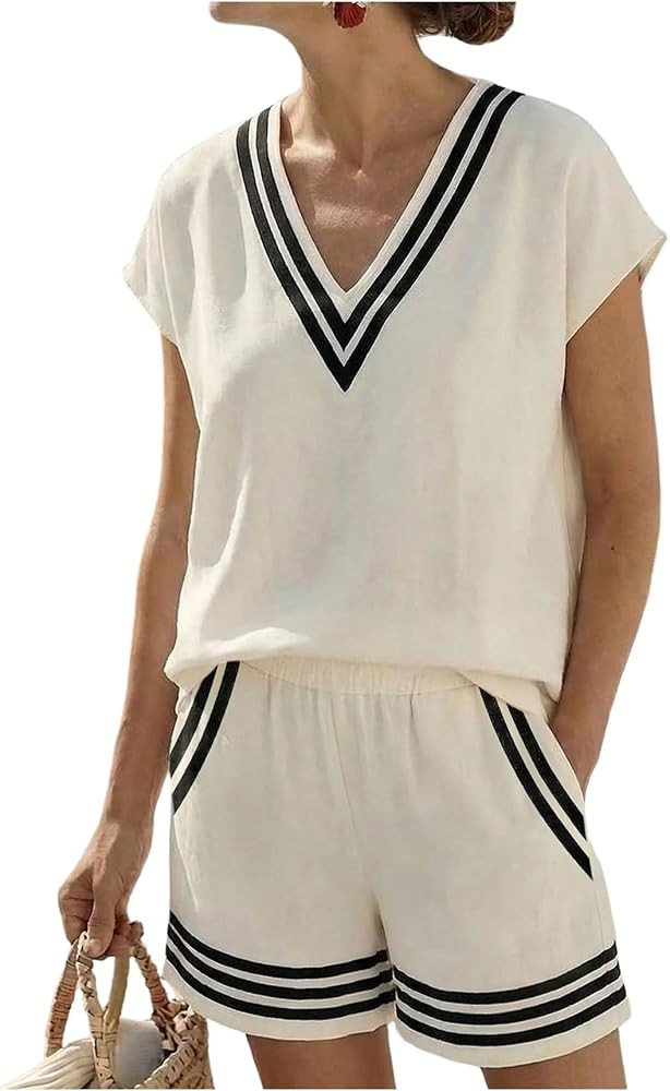 RoseSeek Women's 2 Piece Striped Sets with Mini Shorts Set Vacation Outfits | Amazon (US)