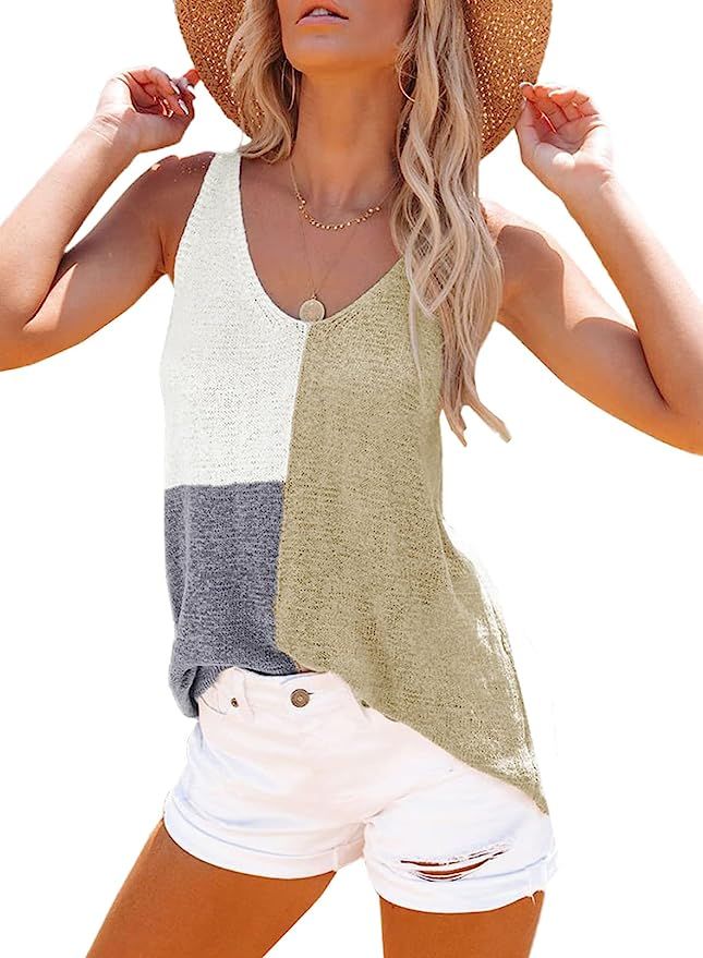 SHEWIN Women's V Neck Knit Tank Tops Casual Color Block Loose Sleeveless Blouse Shirts | Amazon (US)