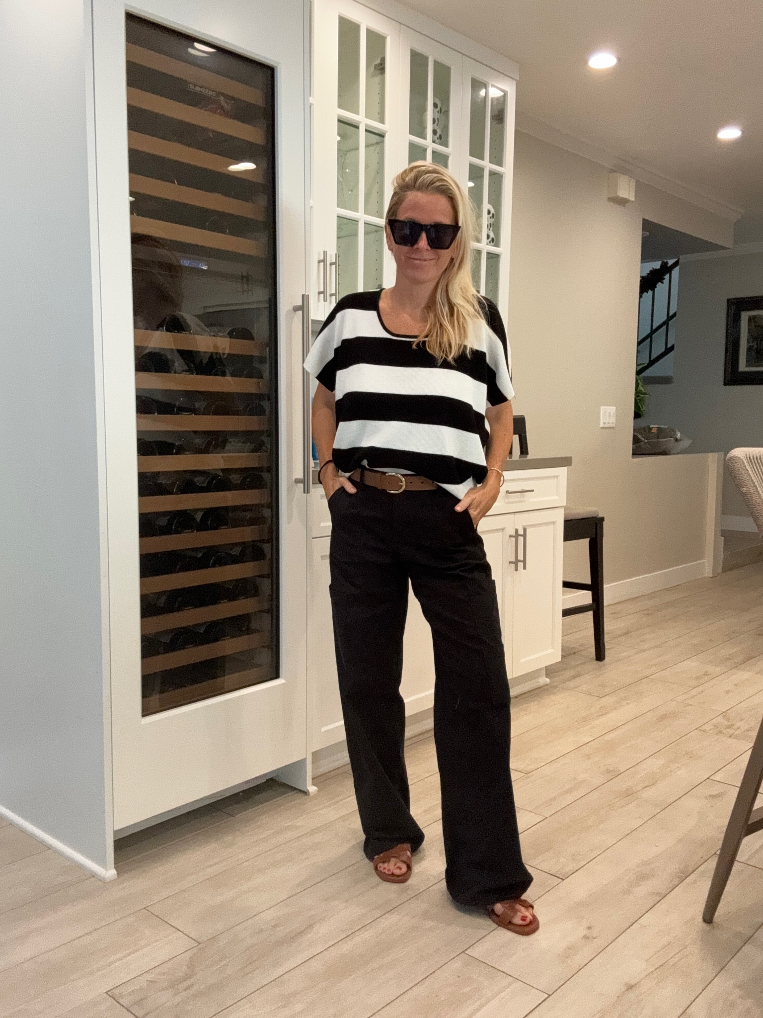 I love these pants and they are under $20! I got both the black and camo in a size xs. They have a stretchy waist in the back
Sweater and Belt : Cyrus from Marshalls 
Sandals: Amazon linked similar pair 
 