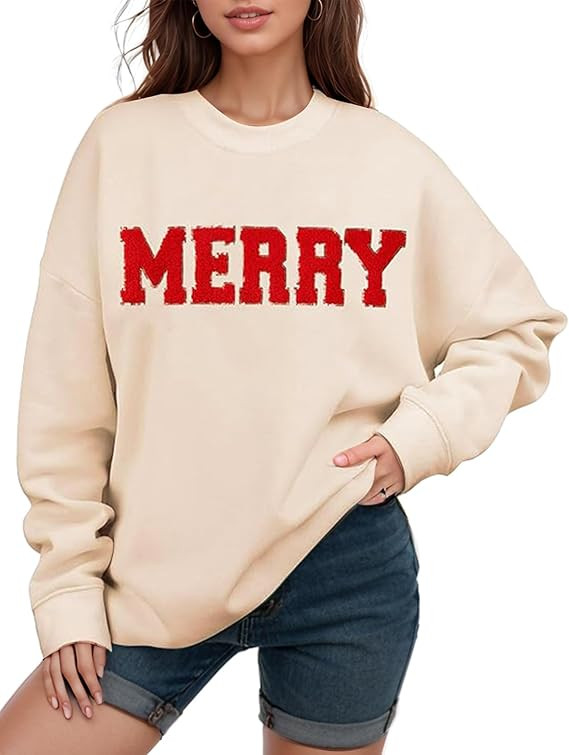 Gihuo Christmas Sweatshirts for Women Glitter Patch Merry Letter Shirts Chenille Oversized Pullov... | Amazon (US)
