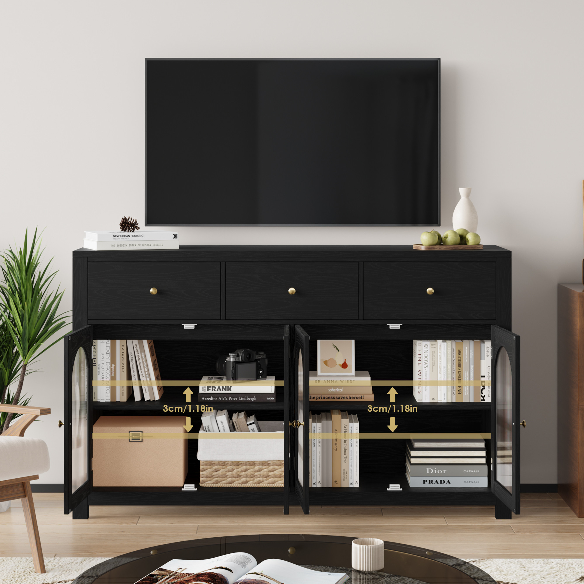 Homfa 55'' Large Sideboard Buffet Cabinet, Kitchen Storage Cabinet with 3 Drawers and 4 Glass Doo... | Walmart (US)