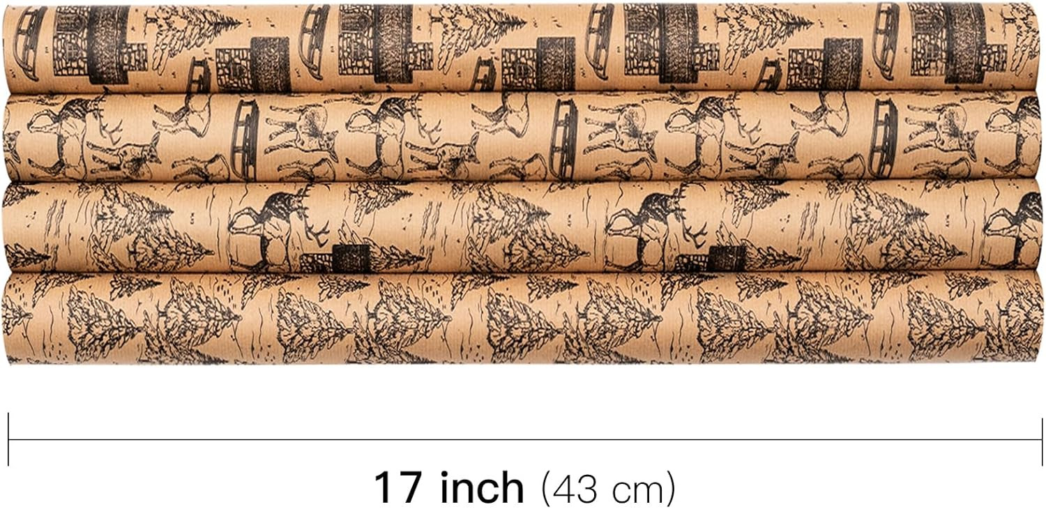 RUSPEPA Kraft Wrapping Paper Rolls - 17 inches x 10 feet per Roll, Total of 4 Rolls, Black Sketch... | Amazon (US)