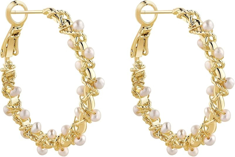 Kemstone Gold Hoop Earrings, 925 Silver Post Freshwater Pearls Hoop Earrings for Women | Amazon (US)