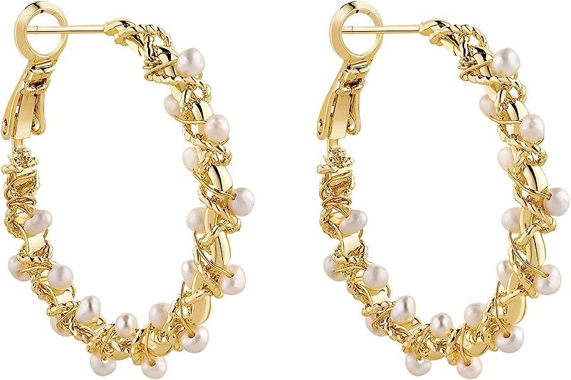 Kemstone Gold Hoop Earrings, 925 Silver Post Freshwater Pearls Hoop Earrings for Women | Amazon (US)